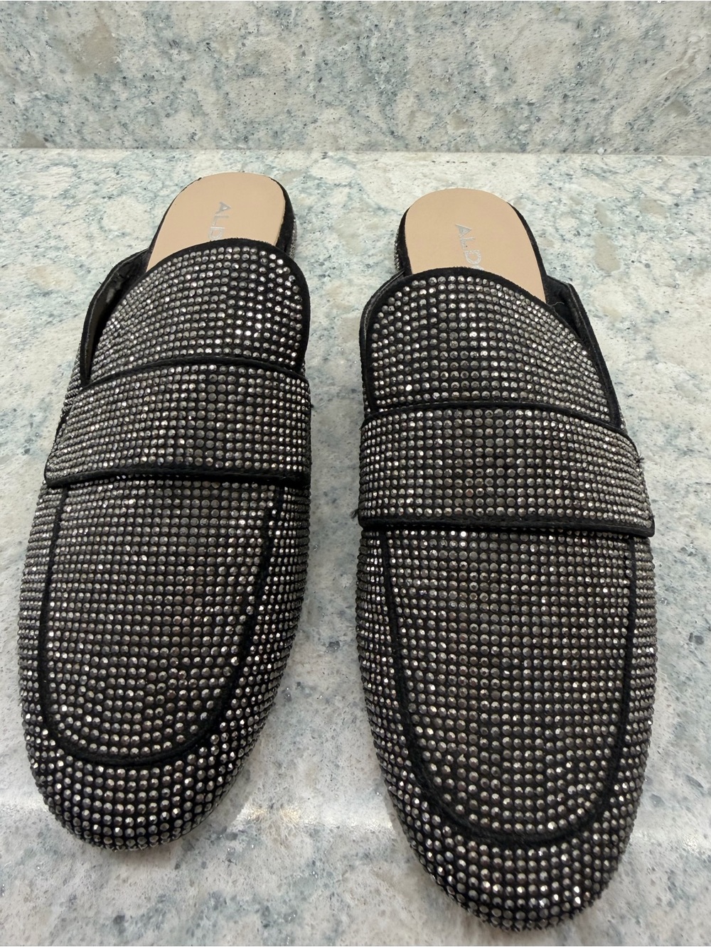 Aldo Black Rhinestone-Embellished Slide Mules